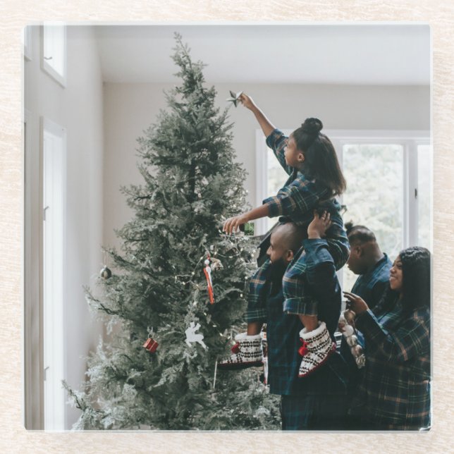 Posavasos De Vidrio Foto personalizada de dos Navidades de familia (Anverso)