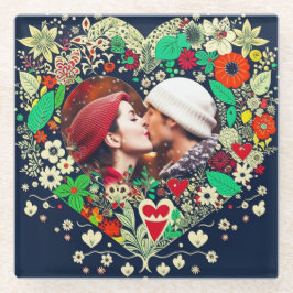 Posavasos De Vidrio Foto personalizada de marco floral cardíaco