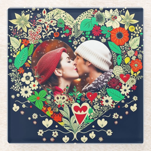 Posavasos De Vidrio Foto personalizada de marco floral cardíaco (Anverso)