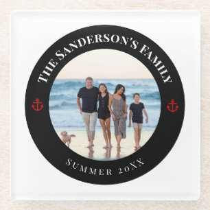 Posavasos De Vidrio Foto personalizada en círculo negro con ancla roja
