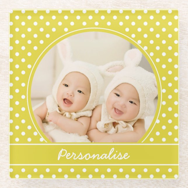 Posavasos De Vidrio Foto Personalizado de puntos de polka amarillo per (Anverso)