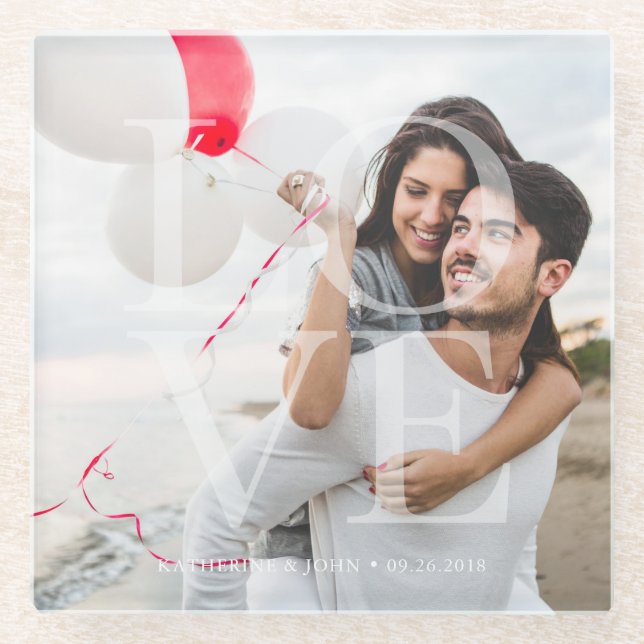 Posavasos De Vidrio Foto superpuesta moderna de "AMOR" (Anverso)