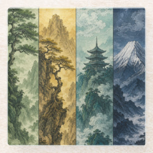Posavasos De Vidrio Four Seasons Mountain Paisaje de Tinta Japonesa
