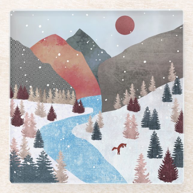 Posavasos De Vidrio Fox de la caza de invierno (Anverso)