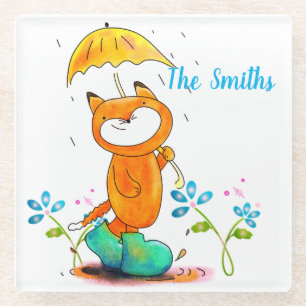 Posavasos De Vidrio Fox de primavera inspiradora con paraguas