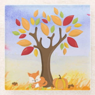 Posavasos De Vidrio Fox otoñal con calabaza