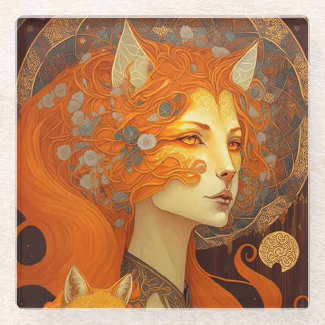 Posavasos De Vidrio Fox Woman Fantasy Art (Anverso)
