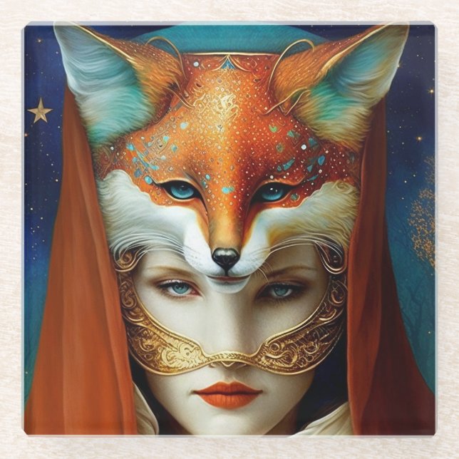 Posavasos De Vidrio Fox Woman Surreal Fantasy Art (Anverso)