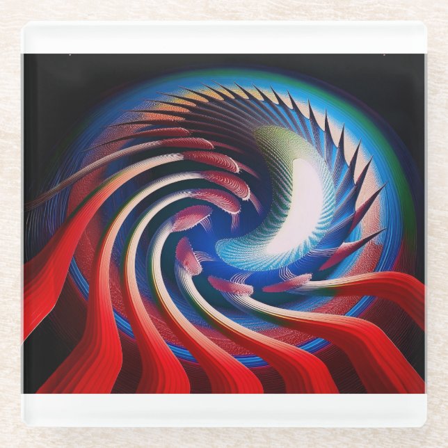 Posavasos De Vidrio Fractal Azul Blanco Rojo Con Cuchillos Y Espigas (Anverso)