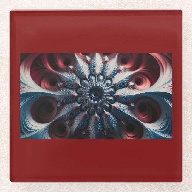 Posavasos De Vidrio Fractal De Juliabrot Rojo Y Plateado (Anverso)