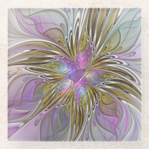 Posavasos De Vidrio Fractal floral colorido con rosado y oro