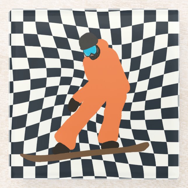 Posavasos De Vidrio Freerid Snowboarder En Naranja Suit Checkered (Anverso)