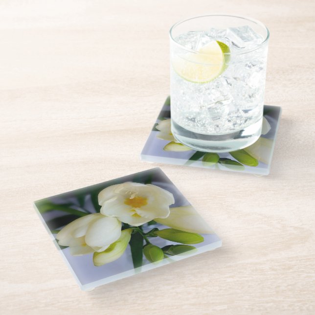 Posavasos De Vidrio freesia amarillo blanco (Angular)