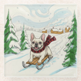 Posavasos De Vidrio French Bulldog Sledding, Glass Coaster