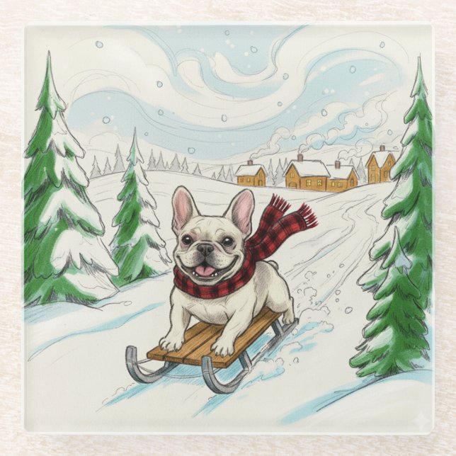Posavasos De Vidrio French Bulldog Sledding, Glass Coaster (Anverso)