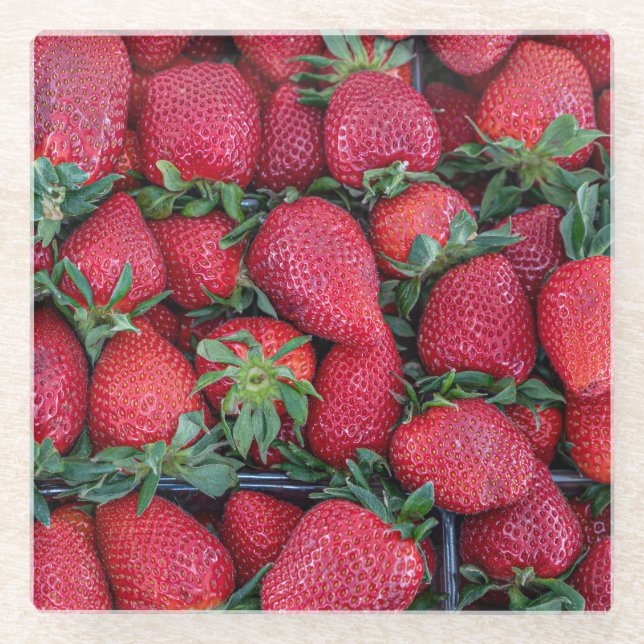Posavasos De Vidrio Fresas con hojas verdes (Anverso)