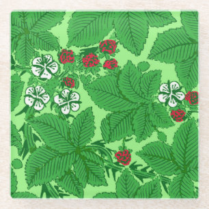 Posavasos De Vidrio Fresas y hojas de estilo Art Nouveau, verde limón