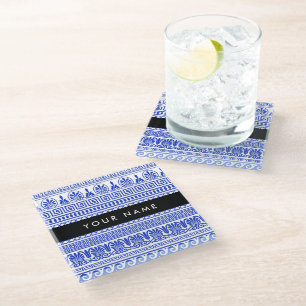 Posavasos De Vidrio Fret griego, llave de meandro mixta, azul, tu nomb