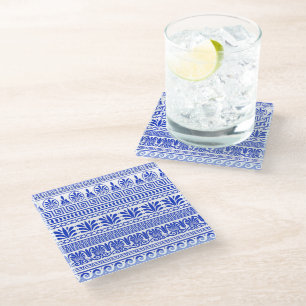 Posavasos De Vidrio Fret griego, patrón mediterráneo, azul