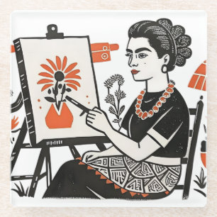 Posavasos De Vidrio Frida Kahlo sentado pintando estilo de diseño flor