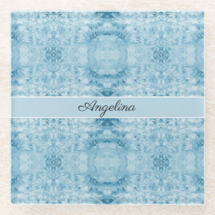 Posavasos De Vidrio Frio Ártico   Patrón de Plumas Azul y Blanco Perso