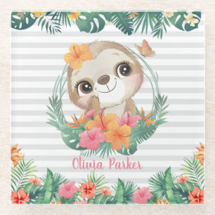 Posavasos De Vidrio Fronteras tropicales Hibiscus Flowers Sloth Person