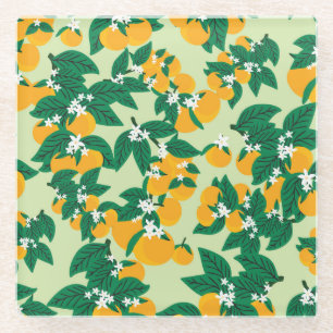 Posavasos De Vidrio fruta naranja: patrón de cosecha verde.