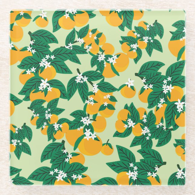 Posavasos De Vidrio fruta naranja: patrón de cosecha verde. (Anverso)
