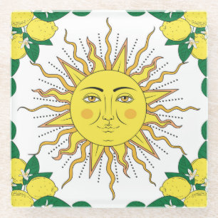 Posavasos De Vidrio Frutas de limón tropical, cara de sol.