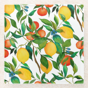Posavasos De Vidrio Frutos cítricos, acuarela vibrante.