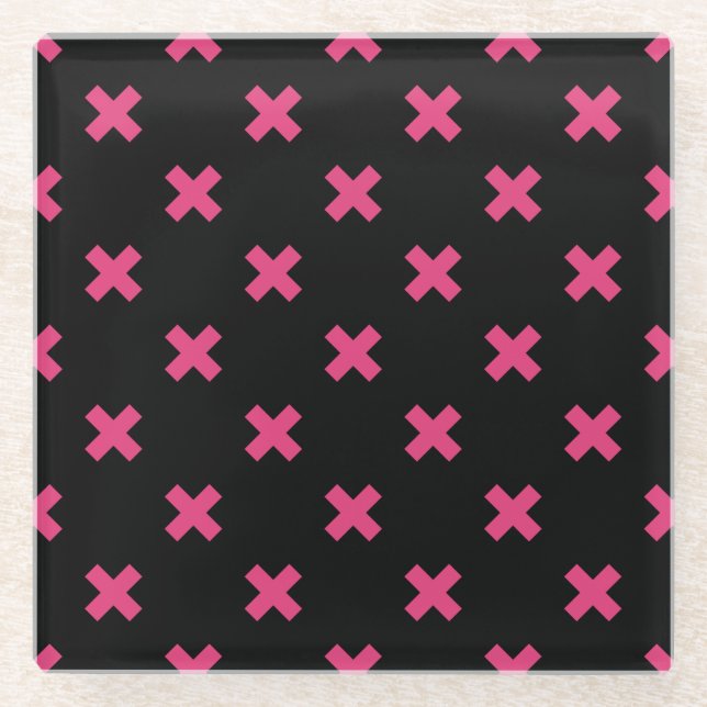 Posavasos De Vidrio Fuchsia cruza puntos en negro (Anverso)