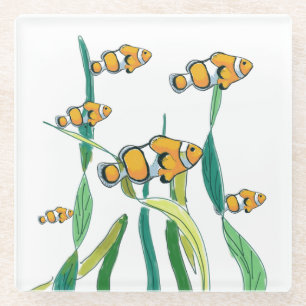 Posavasos De Vidrio Fun Clowe Fish Naranja Burbujas azules blancas