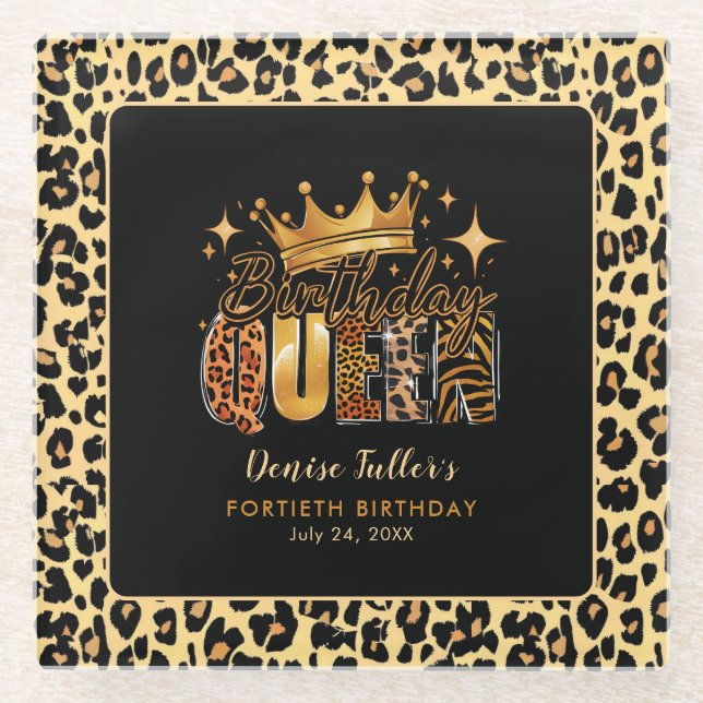 Posavasos De Vidrio Fun Leopard Cumpleaños Reina Cuarenta Años (Anverso)