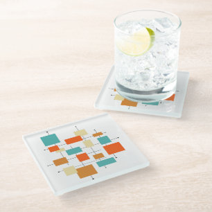 Posavasos De Vidrio Funky Naranja y Blue Squares Retro Mid Mod