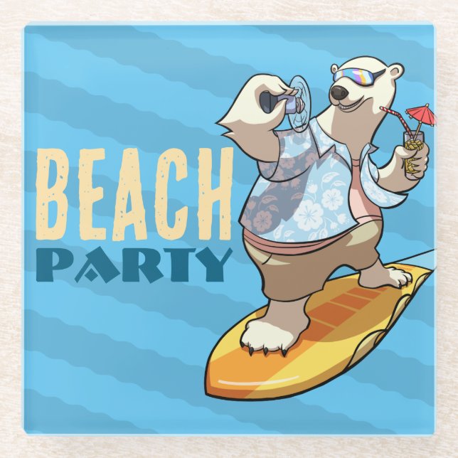 Posavasos De Vidrio Funny Surfing Polar Bear Beach Party Cartoon (Anverso)