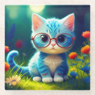Posavasos De Vidrio Gafas de gatito azul lindo-276548