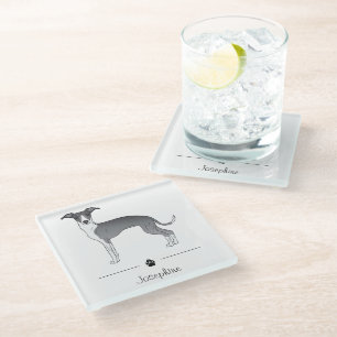 Posavasos De Vidrio Galgo Italiano Azul y Blanco con Texto Personaliza