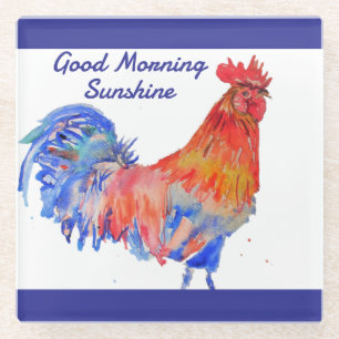 Posavasos De Vidrio Gallo Acuarela Rojo Azul Pollo Sol