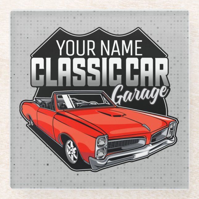 Posavasos De Vidrio Garaje de coche clásico convertible personalizado  (Anverso)