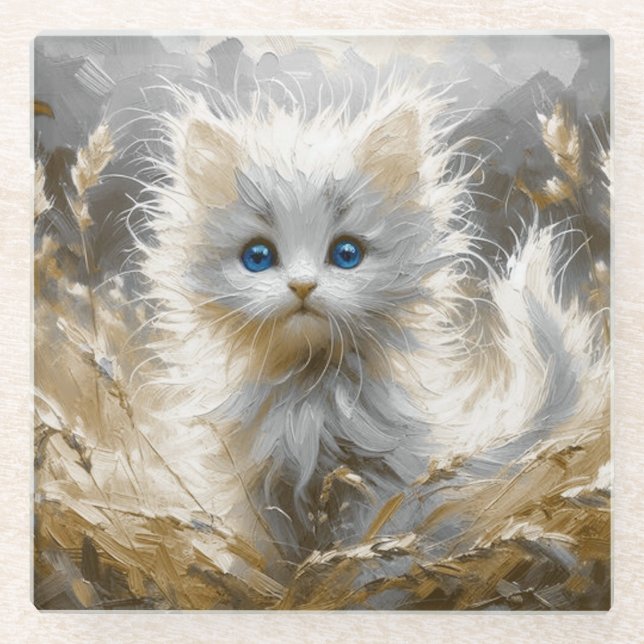 Posavasos De Vidrio Gatito blanco preciado (Anverso)