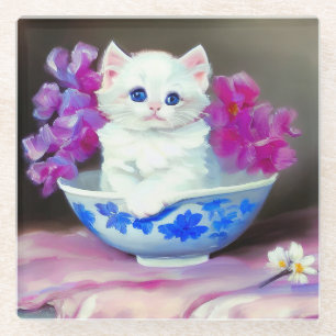 Posavasos De Vidrio Gatito blanco vintage con flores rosas