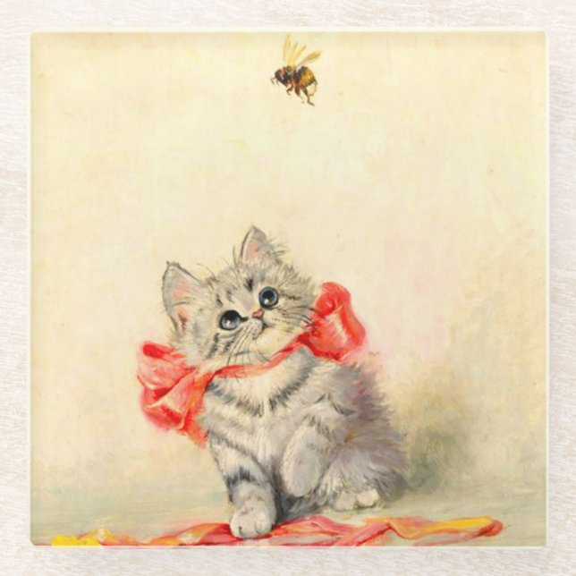 Posavasos De Vidrio Gatito con cinta roja (Anverso)