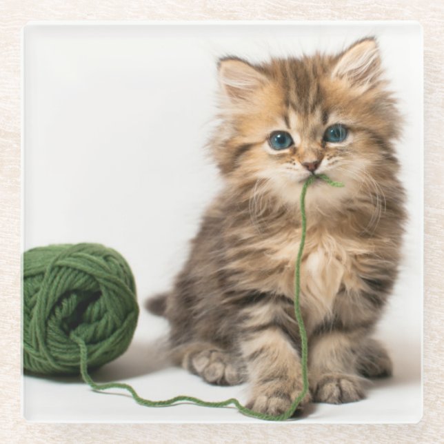 Posavasos De Vidrio Gatito con hilado verde (Anverso)
