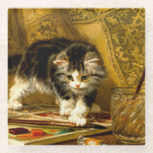 Posavasos De Vidrio Gatito con pintura y brochas