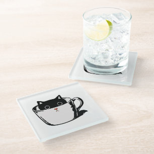 Posavasos De Vidrio Gatito negro con nariz roja escondido en una taza