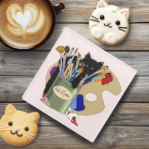 Posavasos De Vidrio Gatito negro Pincel Tarro Artista Gato Rosa