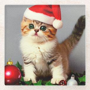 Posavasos De Vidrio Gatito vintage de Navidad en Santa Hat