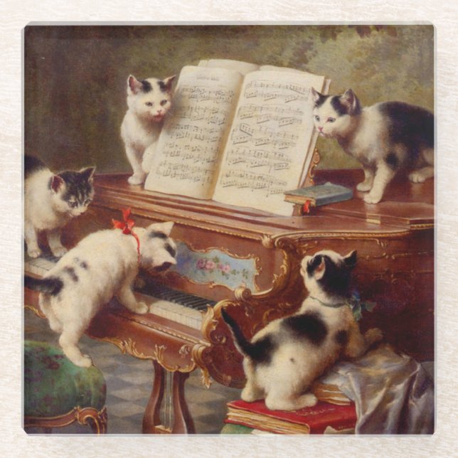 Posavasos De Vidrio Gatitos y piano (Anverso)