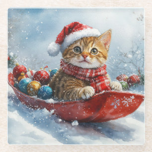 Posavasos De Vidrio Gato abisinio en trineo Deja que nieve Navidad