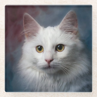 Posavasos De Vidrio Gato Angora Turco Blanco Rojo Azul